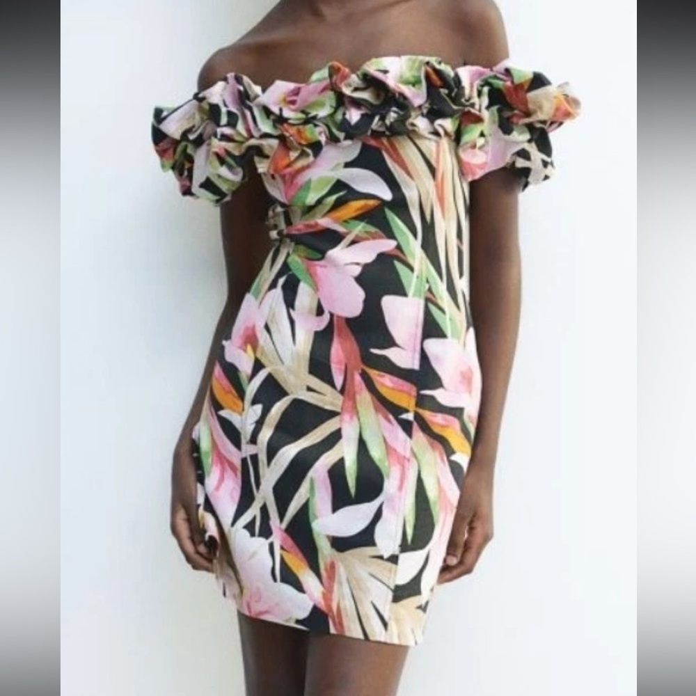 H&M Floral Ruffle Mini Dress - Black, Pink, Green